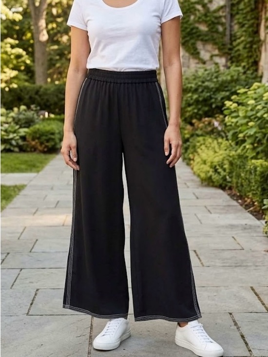 Amanda Green Pants - Amanda Green Black Wide-Leg Culotte Palazzo Pants Contrast Stitching Luxury Chic